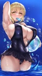 armpits artoria_pendragon_(alter) beachball blonde_hair blush breasts cleavage fate/grand_order fate_(series) hirasawa_seiji looking_at_viewer one-piece_swimsuit one_arm_up swimsuit water yellow_eyes