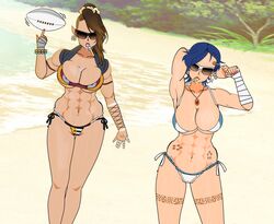 2girls abs apoliac-99 armpits beach blue_hair brown-tinted_eyewear elf elf_female football_(ball) gloves ice_cream kisekae mature_female muscular_female painted_nails ponytail stretching sunglasses sweat sweaty_body tattoo tattoo_on_legs tinted_eyewear