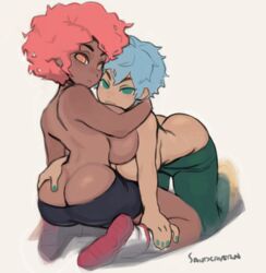 2girls acey_(sandcavern) ass ass_cleavage blue_hair butt_crack curvy dark_skin huge_breasts kneeling original posterior_cleavage red_hair sandcavern short_hair sketch topless white_background yuri