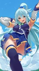 1girls aqua_(konosuba) armpits blue_eyes blue_hair boots clothing female female_only jikatarou kono_subarashii_sekai_ni_shukufuku_wo! long_hair looking_at_viewer no_panties sky solo solo_female steam sweat thigh_boots tied_hair very_high_resolution viewed_from_below zikataro