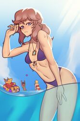 1girls a_hat_in_time aged_up bikini bow_adult bow_kid breasts brown_hair clothed clothing female female_focus hat_adult hat_kid ocean pale_skin pool_float slavyan small_breasts solo_focus standing swimsuit water wet wholesome