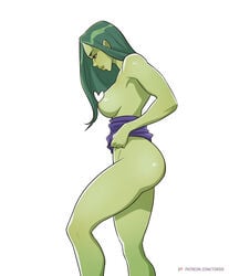 1girls breasts_out censored dress dress_down female female_only green_eyes green_hair green_skin heart_censor hulk_(series) long_hair looking_down marvel marvel_comics no_panties plain_background she-hulk smile solo toksie white_background