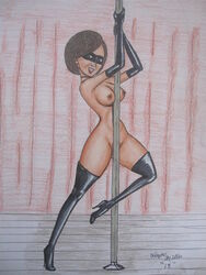 1girls arm_gloves armwear ass_visible_through_thighs breasts clothing disney elastigirl eyewear female footwear handwear helen_parr legwear lipstick looking_at_viewer mask nipples pixar pole pole_between_breasts pole_dancing pubic_hair short_hair smooth_skin solo stripper stripper_pole superheroine the_incredibles thigh_highs thighhighs wayne_miller white_skin