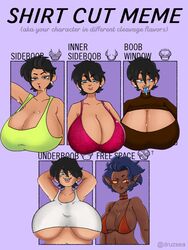 arms_up big_breasts black_hair blue_eyes blue_hair blue_tongue boob_window cleavage cleavage_cutout clothed clothing dark-skinned_female dark_skin dress huge_breasts lips milf original_character pointy_ears red_eyes sharp_teeth shirt_cut_meme short_hair sideboob smug sweater tan tan_skin tank_top teasing thick_eyebrows thick_lips thick_thighs turtleneck underboob xyakiwi