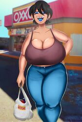 big_breasts black_hair blue_eyes blue_tongue chubby chubby_female cleavage huge_breasts jeans looking_at_viewer mature mature_female mature_woman milf motoanexo original_character oxxo pants sharp_teeth short_hair smile smug sweat sweatdrop sweaty tank_top thick thick_eyebrows thick_thighs tight_clothing wide_hips xyakiwi