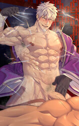 2boys abs acupuncture anal armpit_hair armpits ass bar_censor bara bare_pectorals biceps blush censored character_request erection facial_hair firenzesaika flexing goatee highres japanese_clothes kimono large_pectorals male_focus male_only male_pubic_hair mature_male motion_lines multiple_boys muscular muscular_male naked_kimono navel navel_hair needle nipples pectorals penis pose pubic_hair purple_kimono sangokushi_puzzle_taisen scar scar_on_arm scar_on_cheek scar_on_chest scar_on_face sex short_hair smirk solo_focus stomach tan thick_thighs thighs veins veiny_penis yaoi