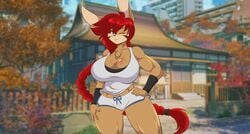 1girls 2019 anthro braid breasts chest_tuft cleavage female female_only furry hand_on_hip huge_breasts lagomorph long_hair looking_at_viewer mastergodai muscular muscular_female rabbit rascals red_hair shiro_roarx smile smiling solo thick_thighs voluptuous wide_hips wink