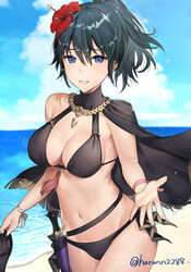 1girls alternate_costume alternate_hairstyle beach belly big_breasts bikini black_bikini black_swimsuit blue_eyes blue_hair blue_sky breasts byleth_(fire_emblem) byleth_(fire_emblem)_(female) byleth_(summer)_(fire_emblem)_(female) capelet cleavage dagger female female_focus female_only fire_emblem fire_emblem:_three_houses fire_emblem_heroes fit fit_female flower flower_in_hair hair_flower hair_ornament happy haru_(nakajou-28) highres human human_focus human_only inviting knife large_breasts light-skinned_female light_skin looking_at_viewer midriff navel nintendo ocean outstretched_hand ponytail reaching reaching_out reaching_towards_viewer red_flower sea seaside sheath short_hair sky smile smiling smiling_at_viewer solo solo_female solo_focus stomach swimsuit water weapon wholesome