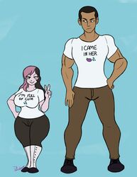 big_breasts black_hair brown_eyes brown_hair clothing dark-skinned_male female full_of_cum_shirt fully_clothed heterochromia human male multicolored_hair neo_(rwby) palindrone pink_eyes pink_hair rwby shortstack size_difference text wide_hips yatsuhashi_daichi