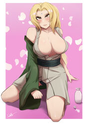 1girls bare_shoulders big_breasts blonde_hair blush boruto:_naruto_next_generations busty cameltoe cleavage clothed clothing deliciousbra drunk female female_only forehead_jewel forehead_mark fully_clothed haori human kneeling large_breasts lipstick mature mature_female milf naruto naruto:_the_last naruto_(classic) naruto_(series) naruto_shippuden no_bra on_knees pale-skinned_female pale_skin pink_lips pink_lipstick pinup seductive seductive_look shounen_jump sleeveless sleeveless_dress solo tsunade yellow_hair