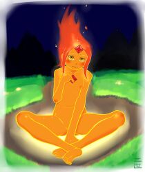 1girls adventure_time barefoot blush colored_skin elemental feet female female_only fire fire_elemental flame_hair flame_princess flaming_hair forehead_jewel gem golden_eyes hair_up legs navel no_nipples nude nudist orange_skin pettanko red_hair sitting solo spread_legs threeworlds yellow_eyes