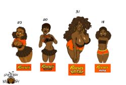 big_breasts brown_hair brown_skin chocolate dark-skinned_female dark_skin frizzy_hair gym_shorts large_breasts pleated_skirt reese's reese's_peanut_butter_cups skirt small_breasts snooshkaboosh tongue_out yellow_eyes