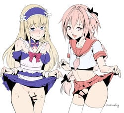 2017 2boys astolfo_(fate) bare_shoulders blonde_hair censored censored_penis chevalier_d'eon_(fate) closed_mouth crossdressing embarrassed eyebrows_visible_through_hair fang fate/grand_order fate_(series) femboy girly legwear lifted lifted_by_self lifting lifting_skirt locon looking_at_viewer maid maid_apron maid_headdress maid_uniform male male_focus male_only midriff mouth_closed open_mouth penis pink_hair shy simple_background standing thighhighs trap twitter_username white_background white_legwear