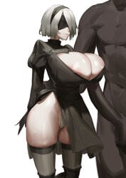 1boy 1girls alternate_breast_size android android_girl areolae big_penis blindfold busty dark-skinned_male huge_breasts imminent_sex interracial large_breasts leotard nier:_automata robot robot_girl shikisokuzeku76 short_hair skindentation thighhighs voluptuous white_background white_hair yorha_2b