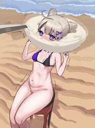 aa-12_(girls'_frontline) beach bikini_top blue_eyes blush bottomless chair cum cum_bath cum_bubble drowning drowning_in_cum excessive_cum girls'_frontline grey_hair mayo mayo_(artist) nude ocean outdoors public_nudity pussy_juice sand