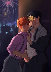 2021 2boys black_hair clothing colored fireworks gay gay_sex haikyuu!! handjob looking_at_partner male male_only orange_hair party pubic_hair public_nudity reallycorking shoyo_hinata tobio_kageyama yaoi