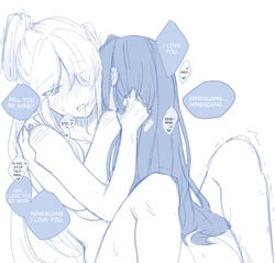 2girls blue_theme blush english_commentary english_text eyebrows_visible_through_hair eyes_visible_through_hair genshin_impact hair_pull heart heart-shaped_pupils hinagi_(fox_priest) hug keqing_(genshin_impact) long_hair monochrome multiple_girls ningguang_(genshin_impact) nude open_mouth sex simple_background speech_bubble symbol-shaped_pupils symbol_commentary yuri