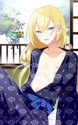 1boy abs bishounen blonde blonde_hair blonde_hair_male blue_eyes blush commentary_request femboy hair_between_eyes highres japanese_clothes kimono long_hair looking_at_viewer male male_focus male_only mama_(marui_shiro) marui_shiro nipples obi original pectorals ryokan sash solo solo_focus solo_male trap twink very_long_hair very_long_hair_male yellow_hair yukata