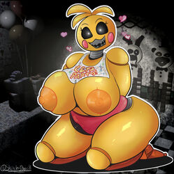 1girls areolae bib black_eyes breasts erect_nipples five_nights_at_freddy's five_nights_at_freddy's_2 heart huge_breasts nipples sketchyboi08 solo thunder_thighs topless toy_chica_(fnaf) wide_hips