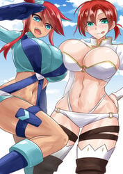 2girls bare_midriff big_breasts blue_eyes blush boots boudica_(fate) boudica_(fate/grand_order) crossover fate/grand_order fate_(series) female_only huge_breasts oro_(zetsubou_girl) pokemon pokemon_bw red_hair skyla_(pokemon) tagme thick thick_thighs thighs