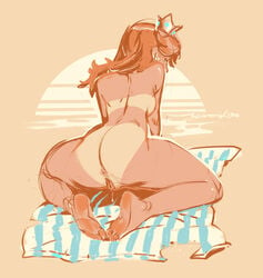 1girls anus ass back beach beach_towel bikini_tan breasts crown earrings female female_only flower_earrings from_behind full_body green_eyes highres jewelry kneeling looking_at_viewer looking_back mario_(series) nintendo nude outdoors princess_daisy pussy pussy_juice red_hair solo sun sunset tan tan-skinned_female tan_skin tanline thighs towel wintonkidd