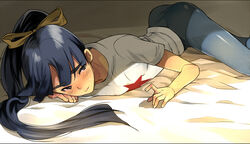 androgynous arched_back ass ass_up bed black_hair blush buruma canon_crossdressing coin_rand crossdressing detailed embarrassed femboy girly hair_ribbon hairbow kanabun_(shoujo_tsubaki) long_hair male male_only nervous on_stomach ponytail shoujo_tsubaki shy solo sweat sweatdrop tight_clothing tight_pants top-down_bottom-up trap