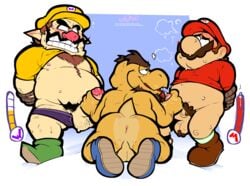 3boys asshole balls bara body_hair boner cum_licking double_handjob erection gay hairy_balls handjob koopa koopa_troopa koopley looking_at_another looking_up male_only mario mario_(series) naughtybassard nintendo nipples paper_mario precum shirt_up shoes steamy super_mario_bros. sweat tagme torquewintress underwear wario yaoi