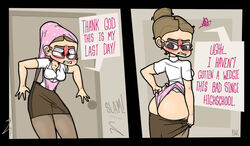 atomic_wedgie blush brown_hair comic digitalwedgieart embarrassed glasses panties pink_panties polka_dot polka_dot_panties school teacher text wedgie