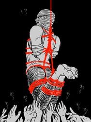 ?! amputee armless bandages barefoot bondage helpless looking_back male male_only monochrome muchisute mummy shibari_over_clothes shoujo_tsubaki solo