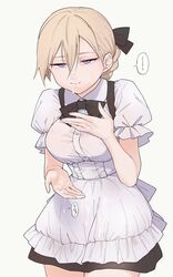 anarogumaaa blonde_hair blue_eyes bow bowtie breasts cum cum_in_mouth cum_on_clothes facial female highres maid md5_mismatch mouth original skirt white_background