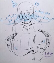 big_breasts black_and_white blue_eyes blush breast breast_grab cross_sans dreamtale_(undertale_fanfiction) embarrassed hoodie nightmare_sans_(fan_character) rule_63 sans shocked shocked_expression sweater undertale undertale_fanfiction xtale