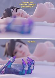 1futa 1girls 3d areolae blender blizzard_entertainment breasts brown_eyes brown_hair chainsmoker comic cum cum_on_body cum_on_breasts destroy_dick_december dialogue english_text female freckles futanari laying_down laying_on_bed lena_oxton nipples olivia_colomar overwatch overwatch_2 sombra text tracer