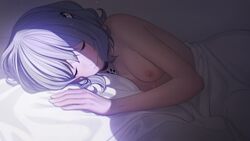 1girls blue_hair breasts casual_nudity closed_eyes collar female game_cg koichi_ai nipples nonsexual_nudity nude on_bed onii-chan_asobo pet_collar revolmxd short_hair sleeping small_breasts smile solo sunlight under_blanket