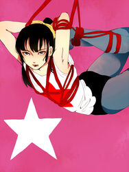 androgynous armpits arms_behind_head arms_up black_hair bondage canon_crossdressing crossdressing femboy flexible fully_clothed girly hair_ribbon kanabun_(shoujo_tsubaki) looking_at_viewer pink_background ponytail rope rope_bondage shibari shibari_over_clothes shoujo_tsubaki solo suspension tongue_out trap