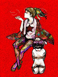 1boy 1girls blindfold bondage completely_nude_female cum_on_body femboy femboy_on_female femboydom femsub girly hair_ribbon kanabun_(shoujo_tsubaki) kneeling male/female maledom midori_(shoujo_tsubaki) ponytail red_background short_hair shoujo_tsubaki small_breasts submissive