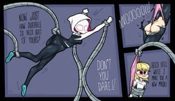 1girls atomic_wedgie blonde_hair comic dialogue digitalwedgieart doctor_octopus gwen_stacy marvel offscreen_male panties pink_panties spider-gwen text torn_clothes wedgie