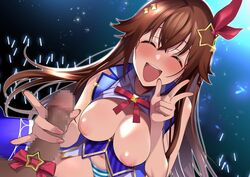 bangs bare_shoulders blue_vest blush breasts brown_hair censored closed_eyes clothes_lift collared_shirt dark-skinned_male diamond_hair_ornament erection female hair_flaps hair_ornament hair_ribbon hairclip handjob highres hololive hololive_gen_0 hololive_japan idol large_breasts long_hair looking_at_viewer mizuta_marixxx mosaic_censoring navel neck_ribbon nipples open_clothes open_mouth open_vest panties penis penis_ribbon red_neckwear red_ribbon ribbon shirt shirt_lift skirt sleeveless sleeveless_shirt smile solo_focus star_(symbol) star_hair_ornament striped striped_panties tokino_sora underwear v vest virtual_youtuber white_shirt