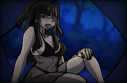 1girls bangs bedroom_eyes black_eyes black_hair come_hither condom condom_in_mouth fire_emblem fire_emblem_awakening large_breasts mnejing night nightgown nintendo outside see-through sideboob solo solo_female sweat tent tharja_(fire_emblem)