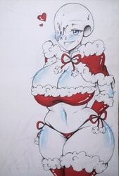 1girls arms_behind_back blue_eyes blush blushing christmas christmas_outfit cleavage cropped_legs curvy drawing dreamtale_(undertale_fanfiction) fat_folds female heart love_handles mature_female monster_girl navel navel_line nightmare_sans_(fan_character) panties pseudo_hair red_clothing red_legwear red_panties red_thighhighs ribbon rule_63 sans shiny_breasts side-tie_panties smirk solo thick_thighs thighhighs thighs traditional_media traditional_media_(artwork) undertale undertale_fanfiction wax wide_hips