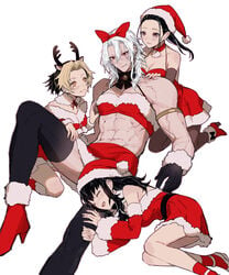 1boy 3girls abs alternate_costume ambush_(trap) armbands armlet bandeau black_hair blush canon_couple christmas christmas_outfit crossdressing demon_slayer embarrassed female fur_trim gloves hair_down hinatsuru_(kimetsu_no_yaiba) husband_and_wives iwatokko kimetsu_no_yaiba makio_(kimetsu_no_yaiba) male married_couple muscular_male polyamory reindeer_antlers santa_costume santa_hat silver_hair stockings suma_(kimetsu_no_yaiba) the_wives_(kimetsu_no_yaiba) thighhighs uzui_tengen