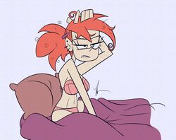 bed bra breasts cartoon_network clothing female foster's_home_for_imaginary_friends frankie_foster human in_bed jasinator messy_hair sleepy solo tired underwear waking_up