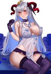 1girls absurdres artoria_pendragon_(all) artoria_pendragon_(lancer_alter)_(cosplay) artoria_pendragon_(lancer_alter)_(fate) babydoll baka0000 bangs black_gloves black_panties blue_babydoll blush breasts choker cleavage commission cosplay curled_horns fate/grand_order fate_(series) female fire_emblem fire_emblem_heroes freyja_(fire_emblem) garter_belt garter_straps gloves goat_horns highres horns jewelry large_breasts lingerie long_hair looking_at_viewer necklace negligee nintendo panties red_eyes revealing_clothes royal_icing see-through silver_hair sitting skeb_commission sky snowflake_print solo solo_female thighhighs underwear