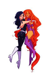 2girls alien artist_request belt black_hair boots dc_comics donna_troy female_only flying green_eyes highres koriand'r long_hair multiple_girls purple_footwear shoes starfire superheroine tagme tamaranean teen_titans thigh_boots thighhighs vambraces white_footwear wonder_girl wonder_woman_(series) yuri