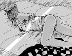 1boy amputee armless ass bandages bottomless cum flaccid futon looking_at_viewer looking_back male male_only military_hat monochrome muchisute mummy penis scars shoujo_tsubaki solo uncensored undershirt