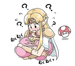 1girls 2021 a_link_between_worlds big_breasts blonde_hair blush breast_expansion breasts bursting_breasts embarrassed female female_only haruozi holding_breast huge_breasts large_breasts mario_(series) nervous nintendo pointy_ears princess_zelda solo solo_female the_legend_of_zelda torn_clothes zelda_(a_link_between_worlds)