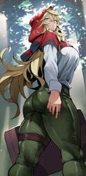 big_ass big_breasts big_butt blonde_hair blue_eyes forest fully_clothed grimm_(red_hood) high_waisted_pants hood huge_breasts long_hair looking_back massive_breasts muscular_build muscular_female muscular_thighs slightly_muscular standing suitcase the_hunters_guild:_red_hood thick_thighs tight_clothes tight_clothing tight_fit tight_pants top_heavy yoshi55level