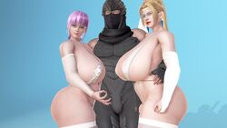 1boy 2girls 3d alternate_ass_size alternate_breast_size arm_grab ass ayane_(doa) big_ass big_breasts black_eyeshadow blonde_hair blue_eyes breasts breasts_bigger_than_head busty curvy_figure dead_or_alive glasses handjob_gesture hanging_breasts honey_select hourglass_figure huge_ass huge_breasts kunoichi large_breasts light-skinned_female light_skin long_breasts love_handles male mascara mature_female ninja ninja_gaiden pose posing purple_hair rachel_(ninja_gaiden) red_eyes red_lipstick sexual_gesture sling_bikini tecmo thethiccart thick_thighs thighs venus_body voluptuous wide_hips