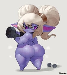 ass big_ass blonde_hair bottom_heavy fingerless_gloves forastero huge_ass league_of_legends looking_at_viewer looking_back pointy_ears poppy purple_skin riot_games shortstack simple_background sweat weights workout yordle