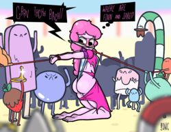 adventure_time blue_panties blush digitalwedgieart gag panties pink_hair pink_skin princess_bubblegum shoulder_wedgie striped_panties tied_up torn_clothes wedgie