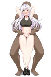 1girls arms_above_head bar_censor blush bottomless censored clothed_sex crossed_feet female_pubic_hair fire_emblem fire_emblem:_radiant_dawn hip_grab long_hair male medium_breasts micaiah_(fire_emblem) nintendo open_mouth open_smile pubic_hair sex smile sneakers sports_bra tank_top thick_thighs wagokinesis